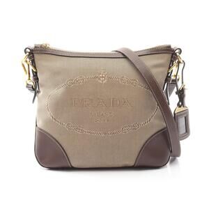 PRADA Logo Jacquard Shoulder Bag Canvas Leather Beige Tan Brown